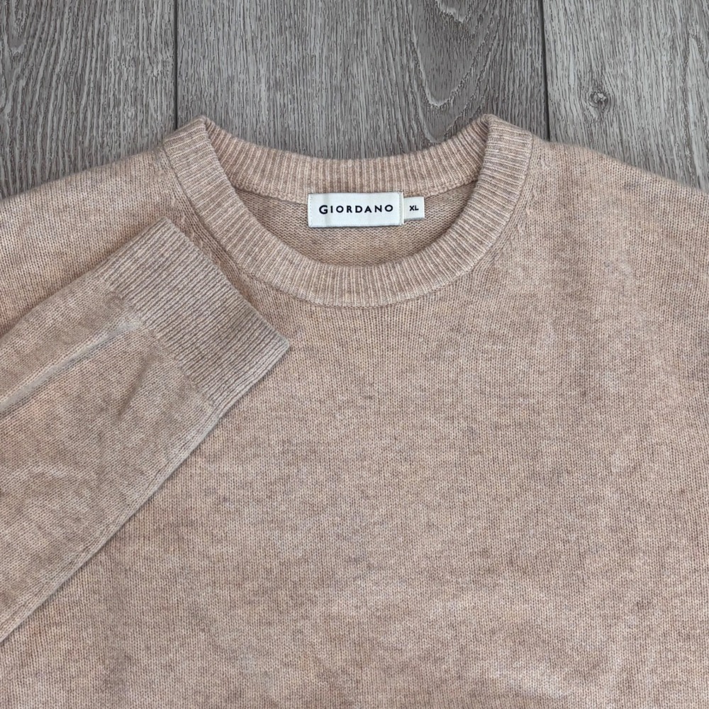 Giordano Sweater Mens XL Tan Extra Fine Merino Wool Crewneck Long Sleeve Knit